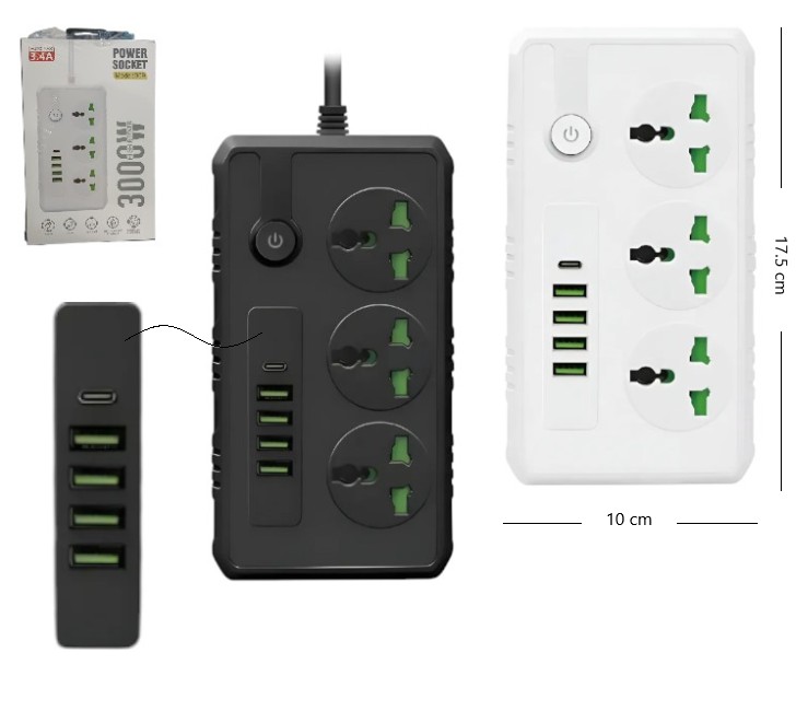   ZAPATILLA 3 TOMAS + 4USB + 1TC 3.4A 3000W