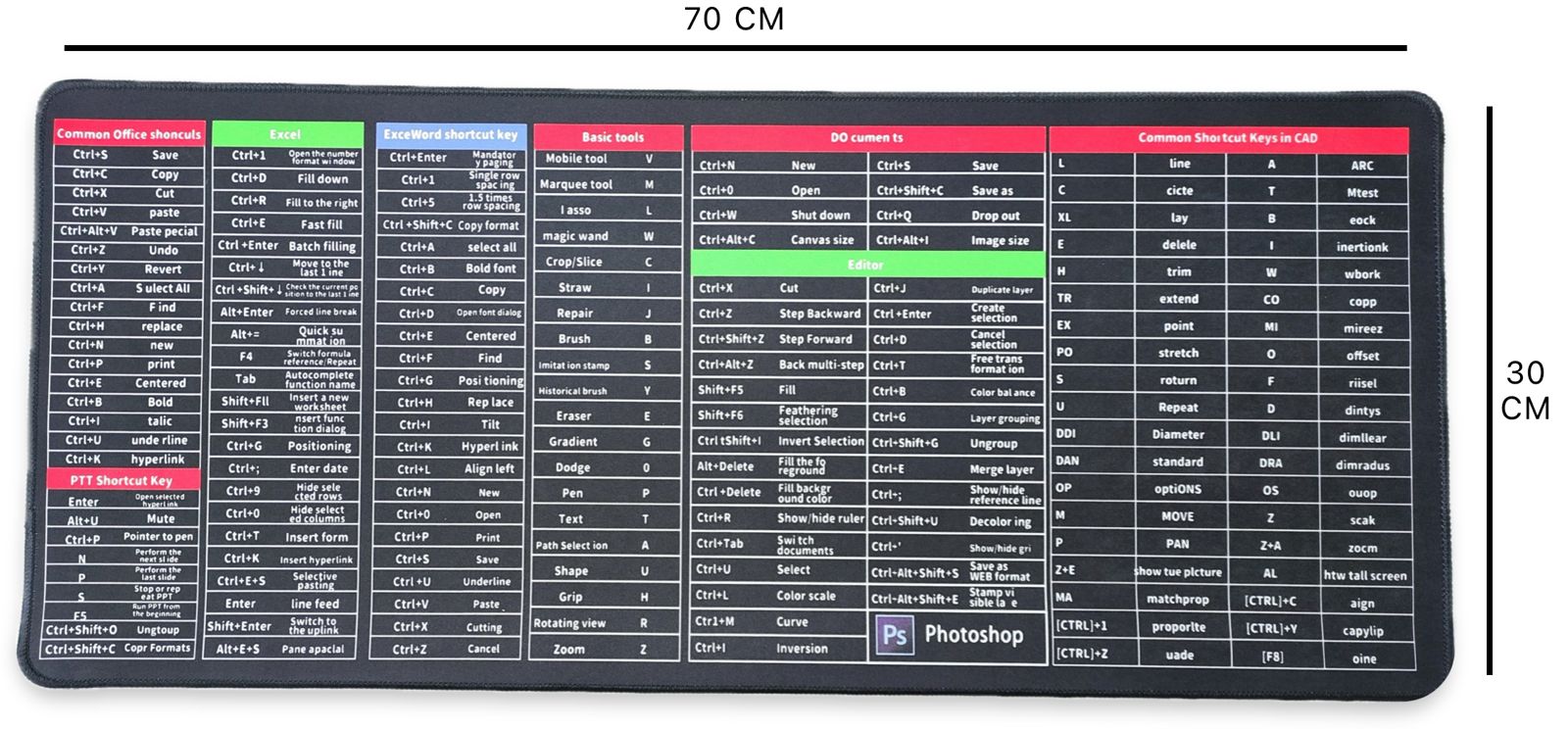   PAD MOUSE GAMER ATAJOS CODIGOS 30 X 70 CM