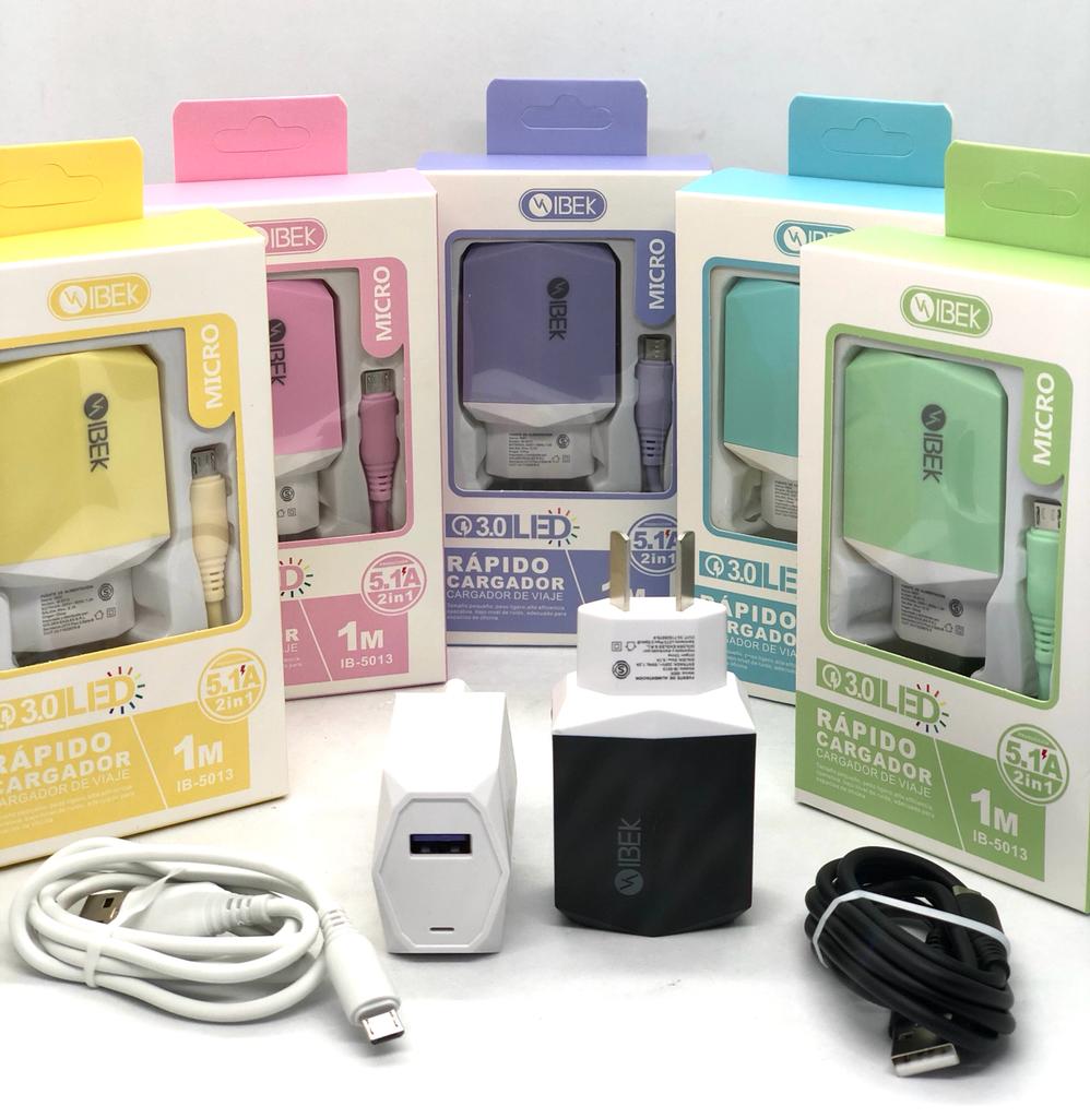   CARGADOR MICRO USB V8 5.1A IBEK QUICK CHARGE COLORES IB-5013