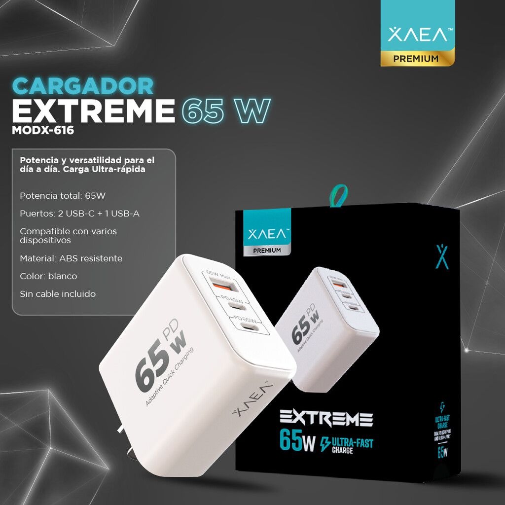   CARGADOR CABEZAL 65W PD 2 PUERTOS C Y 1 USB XAEA EXTREME
