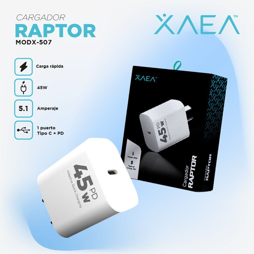   CARGADOR 45W 1 TC + PD 5.1A SIN CABLE XAEA RAPTOR