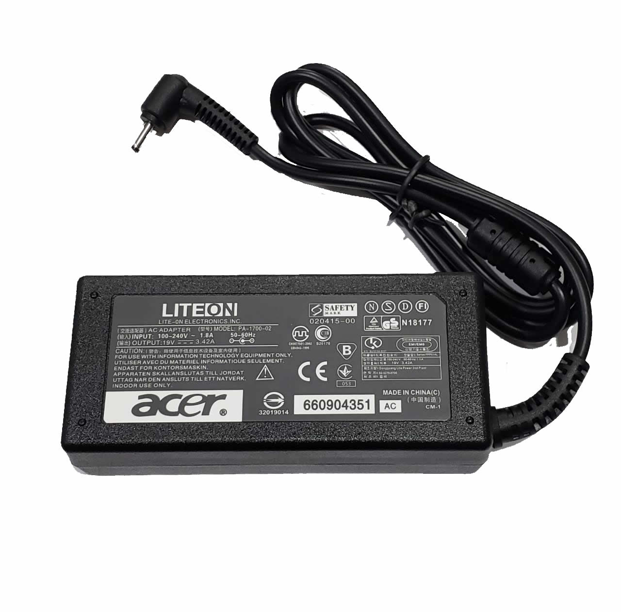   CARGADOR NOTEBOOK REPLICA ACER 65W 5.5X1.7 S/CABLE *